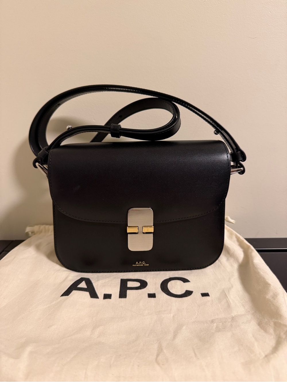 A.P.C. Grace Small Black Leather Crossbody with Gold & Silver Accents authentic